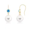 Angara 10mm Freshwater Pearl Earrings With Swiss Blue Topaz In Yellow Gold/white