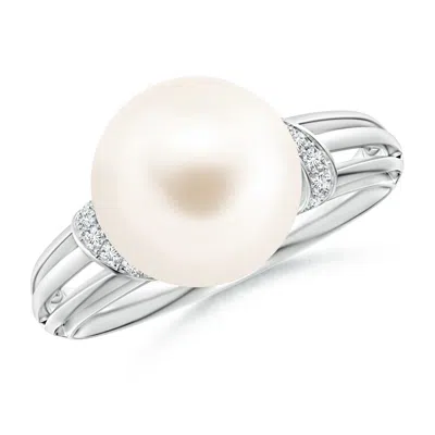 Angara 10mm Freshwater Pearl Ring With Pave-set Diamonds In Metallic
