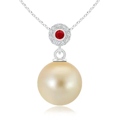 Angara 10mm Golden South Sea Pearl Halo Pendant With Ruby