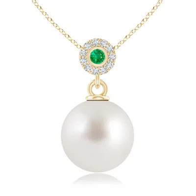 Angara 10mm South Sea Pearl Halo Pendant With Bezel Emerald In Gold