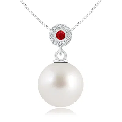 Angara 10mm South Sea Pearl Halo Pendant With Bezel Ruby In White
