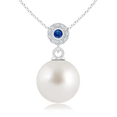 Angara 10mm South Sea Pearl Halo Pendant With Bezel Sapphire In Metallic