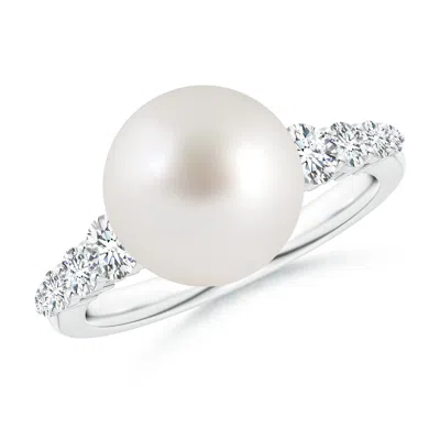 Angara 10mm South Sea Pearl Ring With Graduated Diamonds In Metallic