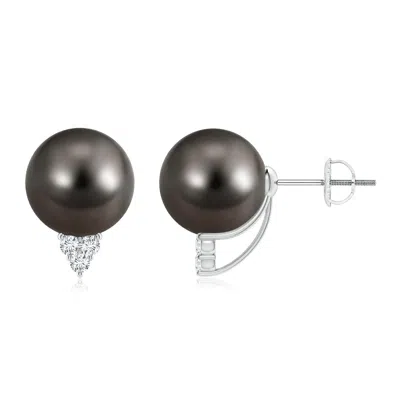 Angara 10mm Tahitian Pearl Earrings With Diamond Trio In Black