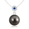 Angara 10mm Tahitian Pearl Halo Pendant With Bezel Sapphire In White Gold/black