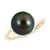Angara 10mm Tahitian Pearl Olive Leaf Bypass Ring In Yellow Gold/peacock