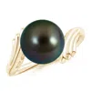 Angara 10mm Tahitian Pearl Ring With Wing Motifs In Yellow Gold/peacock