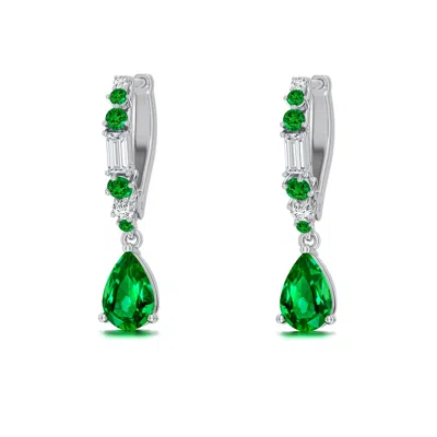 Angara 1.1 Ctw Pear Lab-grown Emerald Hoop Drop Earrings With Accents In Metallic