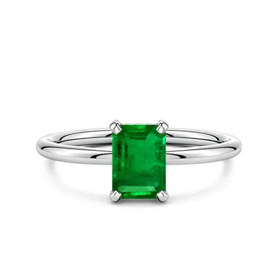 Angara 1.13 Ctw Emerald-cut Lab-grown Emerald Engagement Ring With Hidden Halo In Green