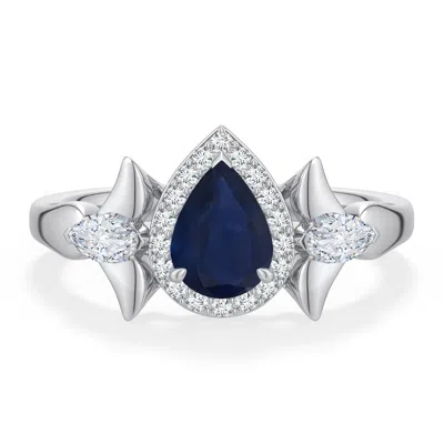 Angara 1.14 Ctw Pear Blue Sapphire Halo Engagement Ring With Marquise Accents In Platinum/dark Blue