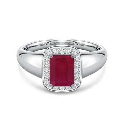 Angara 1.18 Ctw Emerald-cut Ruby Signet Halo Engagement Ring In Burgundy