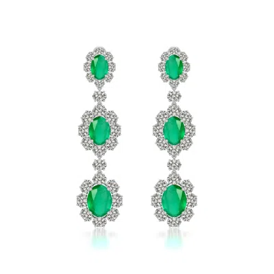 Angara 11.8 Ctw Three-tier Oval Emerald Halo Drop Earrings In Platinum/medium Green