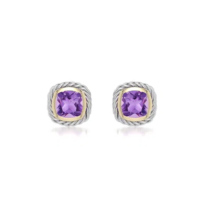 Angara 1.2 Ctw Sterling Silver And 18k Yellow Gold Cushion Amethyst Stud Earrings In Silver & 18k Yellow Gold/light Purple