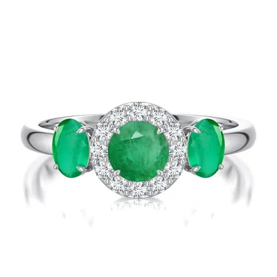 Angara 1.22 Ctw Round And Oval Emerald Halo Three-stone Ring In Metallic