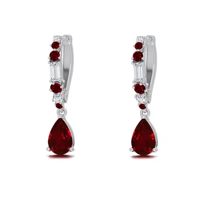 Angara 1.24 Ctw Pear Lab-grown Ruby Hoop Drop Earrings With Accents In Metallic