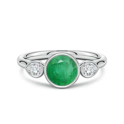 Angara 1.25 Ctw Bezel-set Round Emerald And Pear Diamond Three-stone Engagement Ring In Metallic