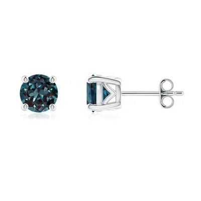 Angara 1.3 Ctw Round Lab-grown Alexandrite Solitaire Stud Earrings In Platinum/bluish Green Changing To Brownish Or Pinkish Purple