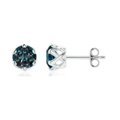 Angara 1.3 Ctw Six-prong Set Round Lab-grown Alexandrite Solitaire Filigree Stud Earrings In Platinum/bluish Green Changing To Brownish Or Pinkish Purple