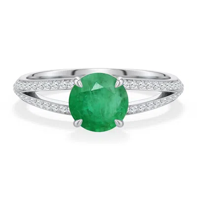 Angara 1.33 Ctw Round Emerald Engagement Ring With Pavé Accents In Platinum/medium Green