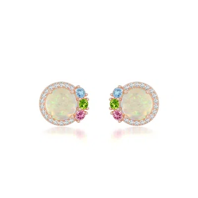 Angara 1.33 Ctw Round Opal Stud Earrings With Multi-gemstone Cluster In Rose Gold/milky With Medium Play Of Colour