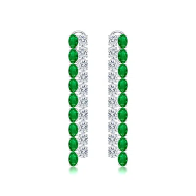 Angara 13.6 Ctw Double-row Oval Lab-grown Emerald And Diamond Dangle Earrings In Platinum/rich Green