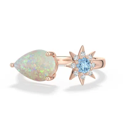 Angara 1.36 Ctw East-west Pear Opal And Aquamarine Open Ring In Rose Gold/milky With Medium Play Of Colour