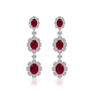 Angara 13.78 Ctw Three-tier Oval Ruby Halo Drop Earrings In Platinum/dark Red