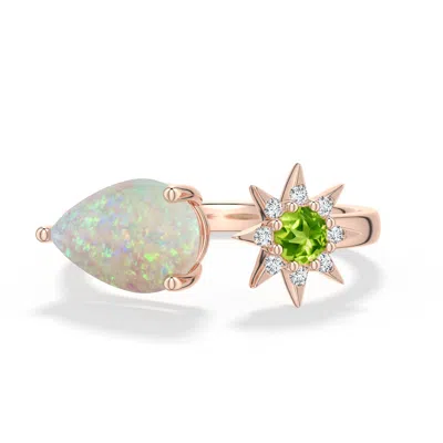 Angara 1.39 Ctw East-west Pear Opal And Peridot Open Ring In Rose Gold/milky With Medium Play Of Colour
