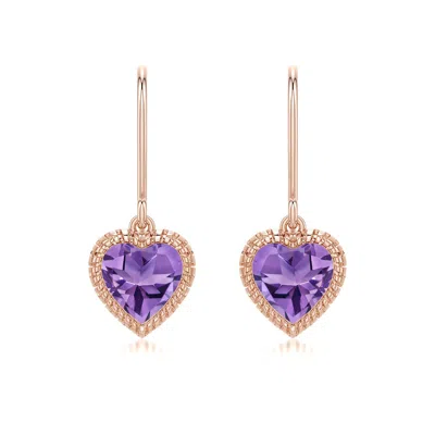 Angara 1.4 Ctw Grooved Heart Amethyst Drop Earrings In Rose Gold/medium Purple