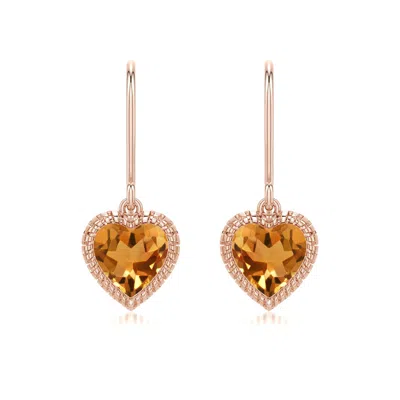 Angara 1.4 Ctw Grooved Heart Citrine Drop Earrings In Rose Gold/yellow