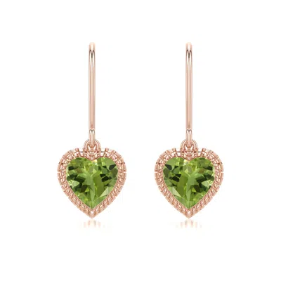 Angara 1.4 Ctw Grooved Heart Peridot Drop Earrings In Rose Gold/medium Yellowish Green
