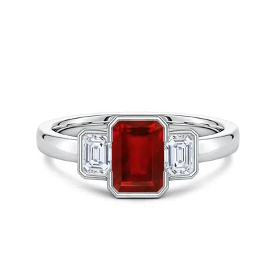 Angara 1.4 Ctw Lab-grown Semi Bezel-set Emerald-cut Ruby And Diamond Three-stone Engagement Ring In Metallic