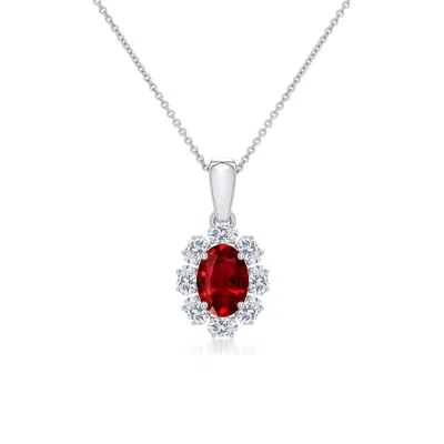Angara 1.4 Ctw Oval Lab-grown Ruby Halo Pendant In Platinum/deep Rich Red