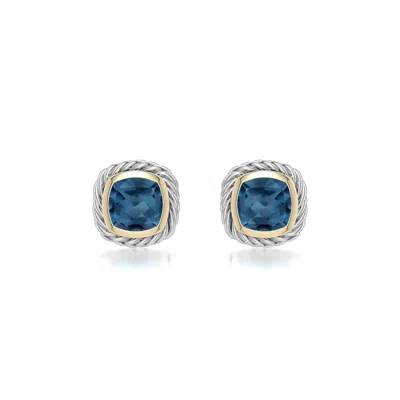 Angara 1.4 Ctw Sterling Silver And 18k Yellow Gold Cushion London Blue Topaz Stud Earrings In Silver & 18k Yellow Gold/light Greenish Blue