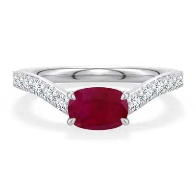 Angara 1.42 Ctw East-west Cushion Rectangular Ruby Curved Engagement Ring With Accents In Platinum/dark Red