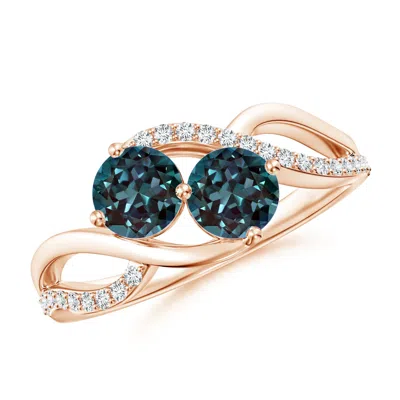 Angara 1.44 Ctw Round Lab-grown Alexandrite Two Stone Bypass Ring With Diamonds In Rose Gold/bluish Green Changing To Brownish Or Pinkish Purple