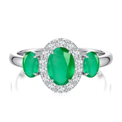 Angara 1.46 Ctw Claw Prong Oval Emerald Halo Three-stone Ring In Metallic