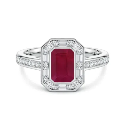 Angara 1.48 Ctw Art Deco Style Emerald-cut Ruby Multi-shape Halo Engagement Ring In Metallic