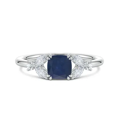 Angara 1.49 Ctw Double-claw Prong Cushion Blue Sapphire Side Stone Engagement Ring