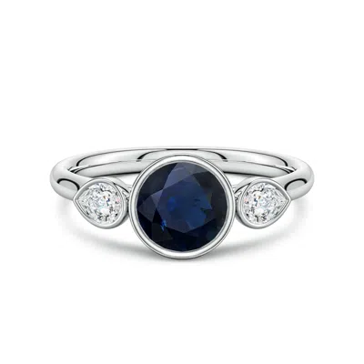 Angara 1.5 Ctw Bezel-set Round Blue Sapphire And Pear Diamond Three-stone Engagement Ring In Metallic