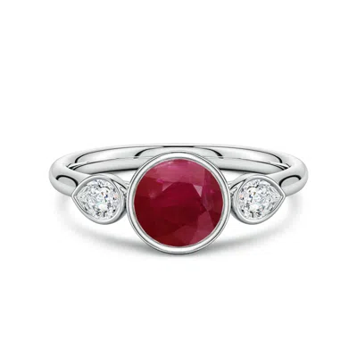 Angara 1.5 Ctw Bezel-set Round Ruby And Pear Diamond Three-stone Engagement Ring In Metallic
