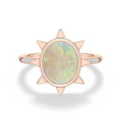 Angara 1.5 Ctw Oval Opal Eight-point Sun Ring In Rose Gold/milky With Medium Play Of Colour