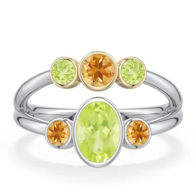 Angara 1.52 Ctw Sterling Silver And 18k Yellow Gold Oval Peridot And Citrine Ring In Silver & 18k Yellow Gold/light Yellowish Green