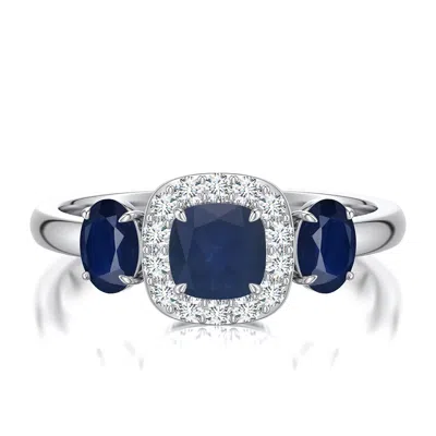 Angara 1.57 Ctw Cushion And Oval Blue Sapphire Halo Three-stone Ring In Metallic