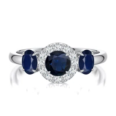 Angara 1.57 Ctw Round And Oval Blue Sapphire Halo Three-stone Ring In Metallic