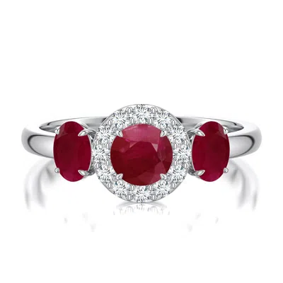 Angara 1.57 Ctw Round And Oval Ruby Halo Three-stone Ring In Metallic