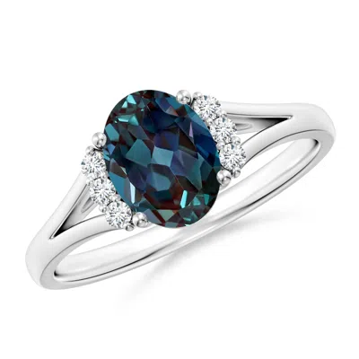 Angara 1.58 Ctw Oval Lab-grown Alexandrite With Diamond Collar Solitaire Ring In Platinum/bluish Green Changing To Brownish Or Pinkish Purple