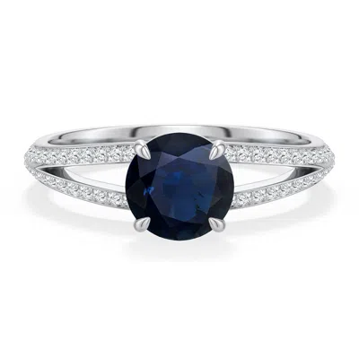 Angara 1.58 Ctw Round Blue Sapphire Engagement Ring With Pavé Accents In Platinum/dark Blue