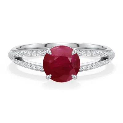 Angara 1.58 Ctw Round Ruby Engagement Ring With Pavé Accents In Platinum/dark Red