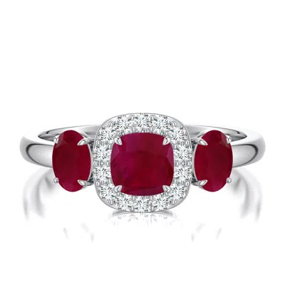 Angara 1.6 Ctw Cushion And Oval Ruby Halo Three-stone Ring In Metallic